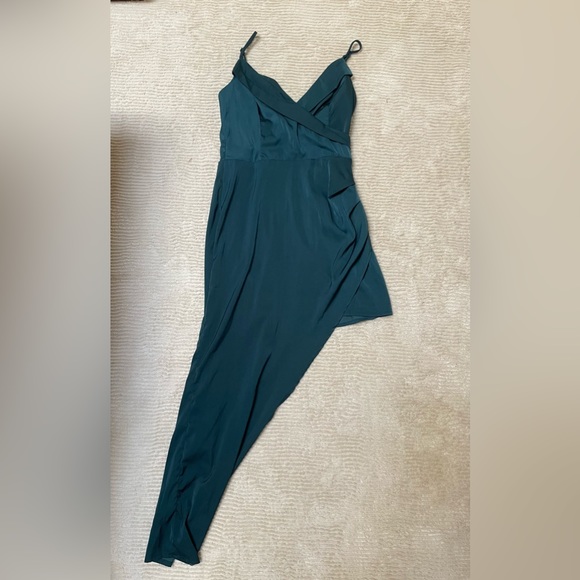 Let's Celebrate Tonight Dark Teal Satin Asymmetrical Dress - Picture 5 of 6